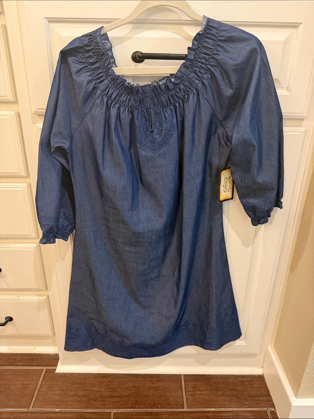 Blue Smocked Neck Tunic Dress